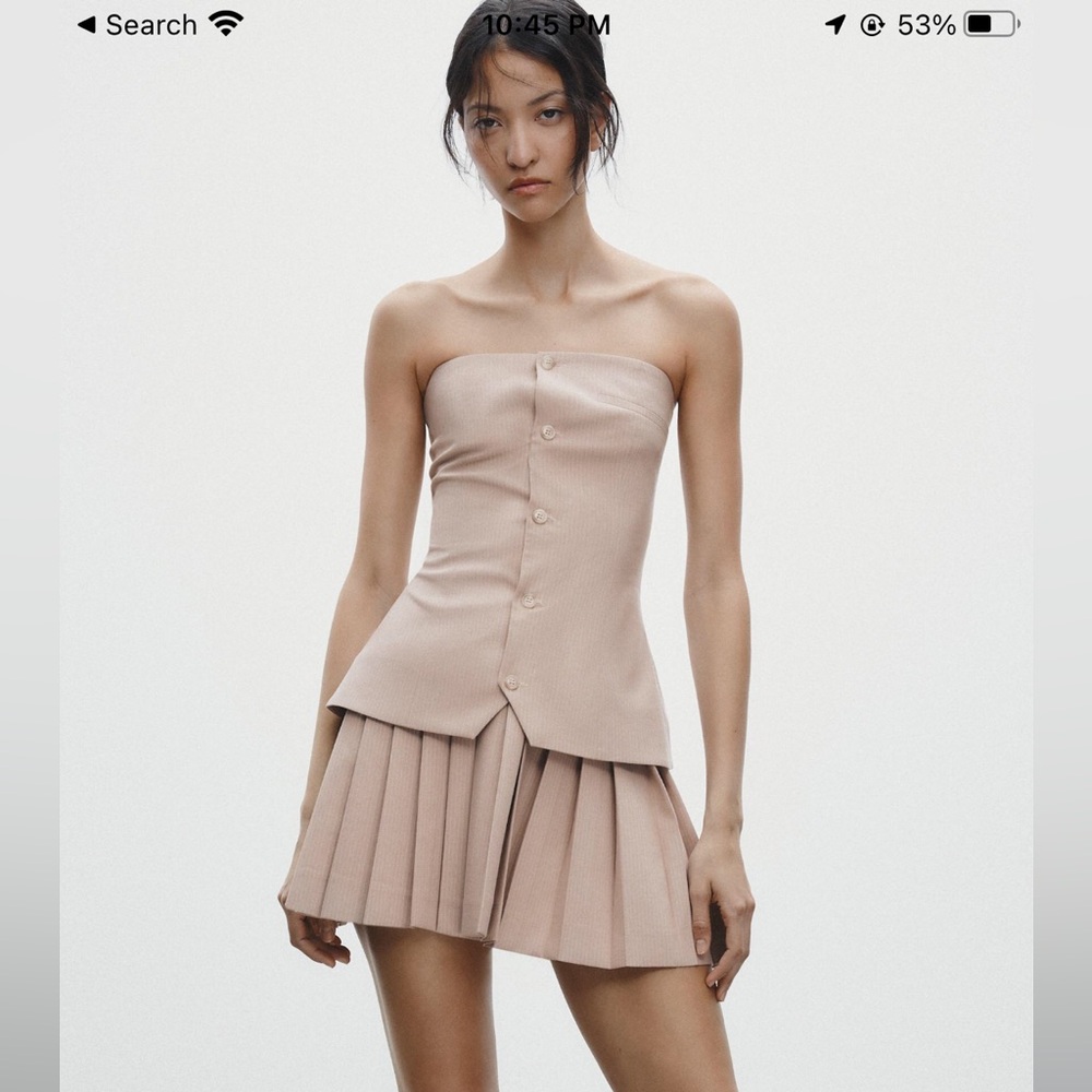 Strapless Ribbed Button dress with Pleated Mini Skirt - Dusty Blush dress